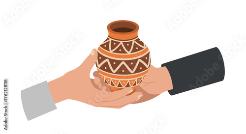 Hands passing decorative clay pot with traditional patterns