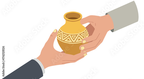 Isometric exchange of ancient pottery between two hands
