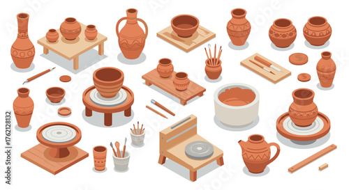 Isometric clay pottery workshop with tools and equipment on white background