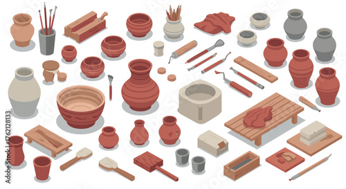 Isometric pottery workshop tools and clay vessels on light background