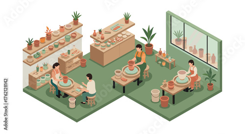 Isometric ceramic workshop scene with pottery artists and clay equipment