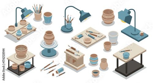 Isometric pottery workshop with tools and lamps in neutral tones
