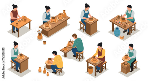 Diverse pottery class with students crafting clay vessels in isometric design