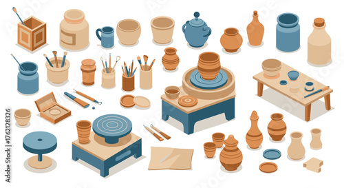 Isometric pottery studio with various ceramic tools and vases in soft pastel tones
