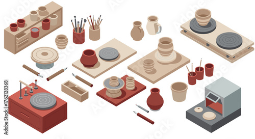 Isometric pottery studio with tools and ceramics in earth tones