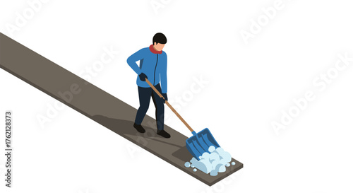 Isometric winter scene person shoveling snow on pathway in blue jacket