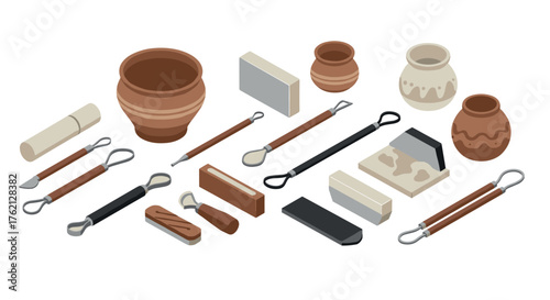 Isometric pottery tools and clay objects on white background