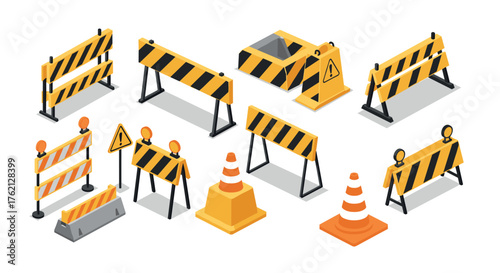 Construction barrier set isometric safety and warning elements collection