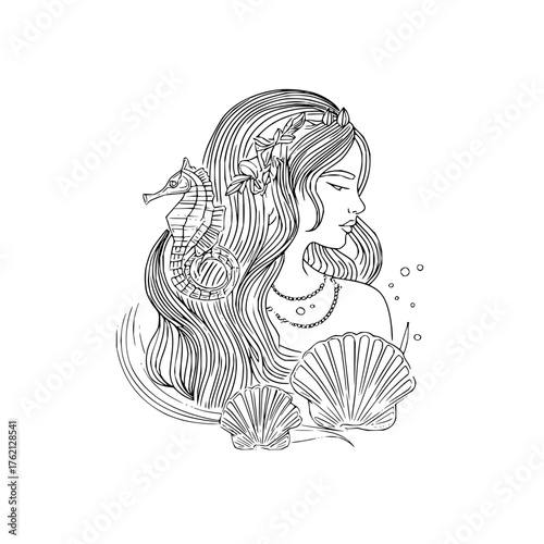 Illustration of a mermaid with long hair seahorse seashell necklace and floral crown in black and white line art