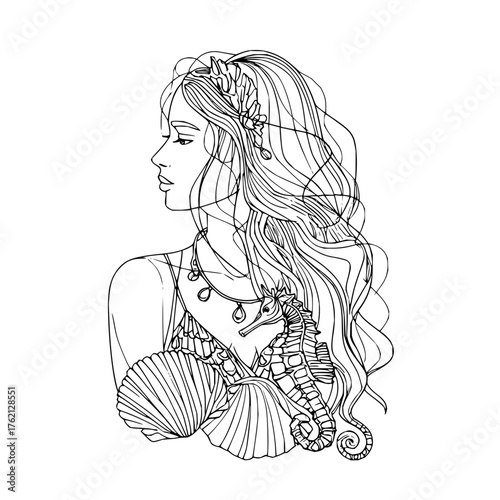 Outline drawing of a woman with long hair wearing seashell bra and seahorse with a seashell necklace