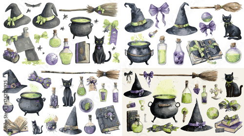 Watercolor clipart of witchcraft elements: cauldrons, hats, potions, black cats, and brooms in purple and green hues. Perfect for Halloween, fantasy art, or magical-themed designs.