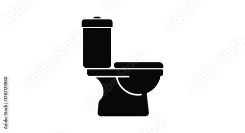 A simple black silhouette of a modern toilet with a tank and seat on a white background