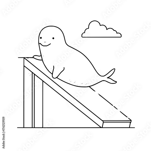 A cartoon seal is depicted sliding down a slide with a cloud floating in the background in black and white