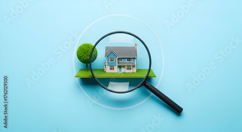Magnifying Glass Over Miniature House And Tree On Blue Background