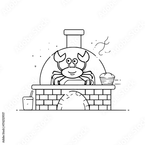 A cartoon crab inside a brick pizza oven with a basket and drink on a white background illustration