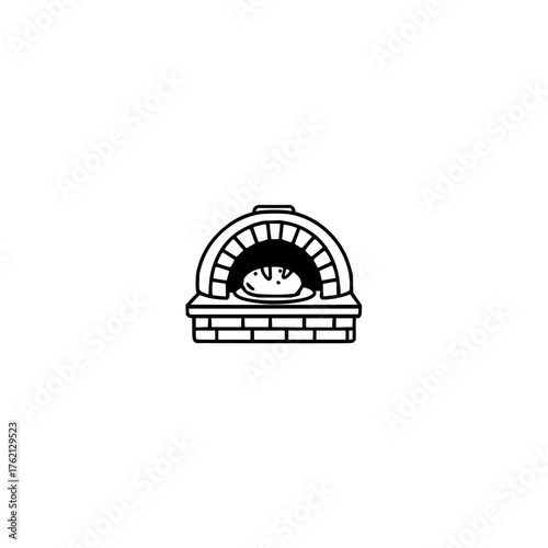Illustration of a brick oven with a loaf of bread inside in a simple black and white drawing style