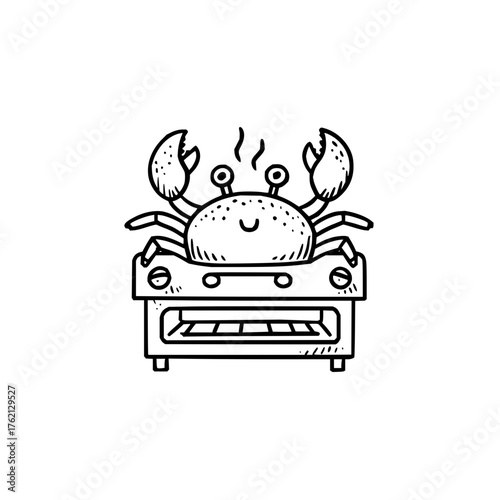 Cartoon crab with large claws sitting on top of a vintage oven with smoke coming from the crab shell