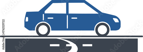 Blue car driving on a road with a crack in the surface representing infrastructure