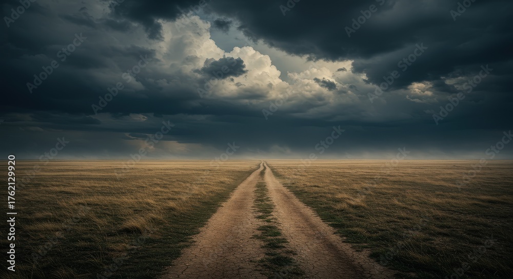 Fototapeta premium Dirt road leading to horizon under dramatic cloudy sky