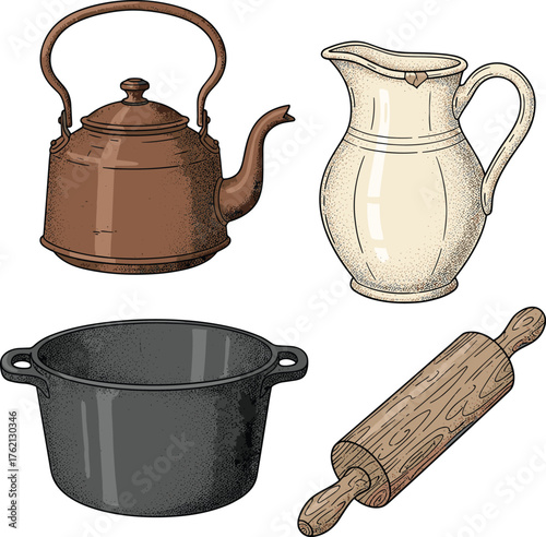Vintage Kitchen Tools Vector Illustration Set: Kettle, Milk Jug, Cooking Pot, and Rolling PinVintage Kitchen Tools Vector Illustration Set: Kettle, Milk Jug, Cooking Pot, and Rolling Pin