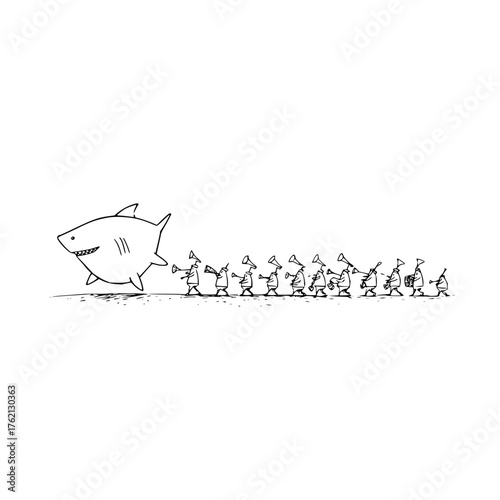 Cartoon shark being followed by a parade of small figures playing musical instruments in black and white