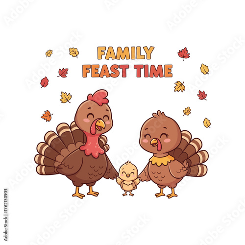 Turkey family feast time cartoon animal illustration
