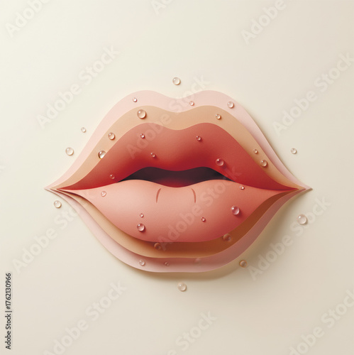 Creative paper cut illustration of lips with water drops symbolizing volume, smooth texture, and hydration. Beauty, skincare, and cosmetic design. Vector illustration