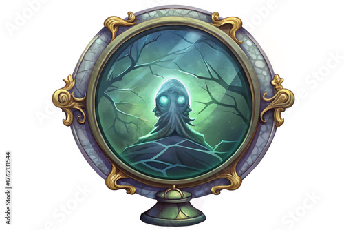 Ancient silver mirror vector reflecting ghostly figure in dim light, cracks running across frame, white isolated background
