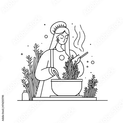 Line art illustration of a female chef cooking noodles in a pot with plants around her and steam rising