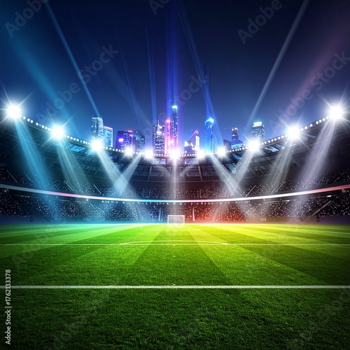 Football Stadium – Modern Sports Arena with Bright Lights and Green Field for Match, Tournament, and Event Promotion Design