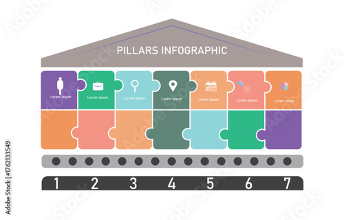 Print Business strategy, pillars infographic, strategic planning, puzzle pieces, teamwork, problem solving, corporate identity, foundation, presentation template, data visualization, vector illustrati