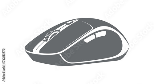 A modern computer mouse with a sleek ergonomic design presented as a bold graphic silhouette on a white background