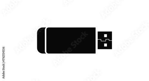 Simple black silhouette of a usb flash drive with a white background representing digital storage and data transfer