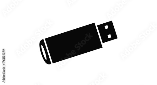 A simple black silhouette of a usb flash drive on a white background representing data storage and technology