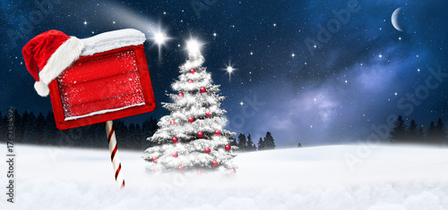 Weihnachtskarte mit Rotem Schild und Weihanchtsbaum