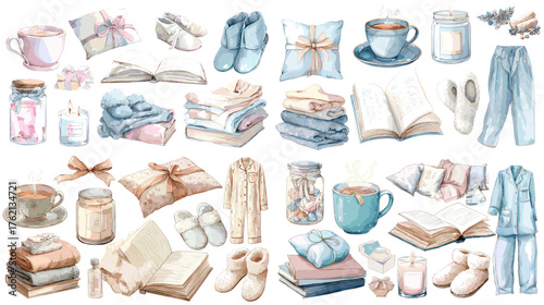 Watercolor illustration of cozy home lifestyle items: books, mugs, pajamas, pillows, and blankets in soft pastel tones. Perfect for comfort design, hygge themes, or lifestyle branding.