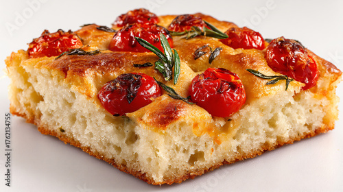 Delicious focaccia bread with tomatoes and rosemary isolated on white background