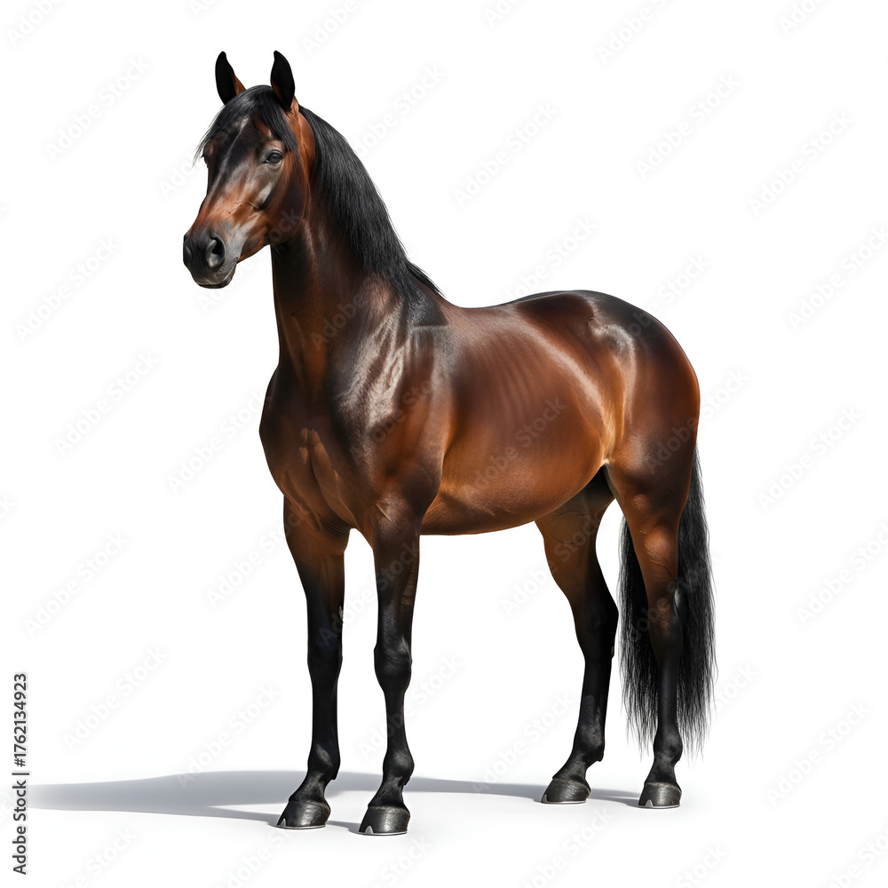 Obraz premium Realistic Full-Body Black Brown Horse on White Background | High-Resolution Natural Animal Photography | Elegant Horse Studio Shot