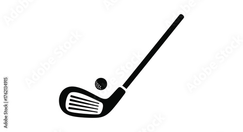 Simple black silhouette of a golf club about to strike a golf ball on a white background