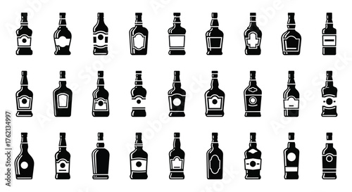 Collection of various dark liquor bottles and spirits presented in a striking black silhouette style against a white background