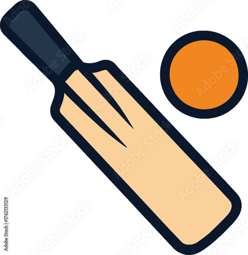 Simple cartoon cricket bat and ball sport icon object isolated on white minimalist graphic element vector