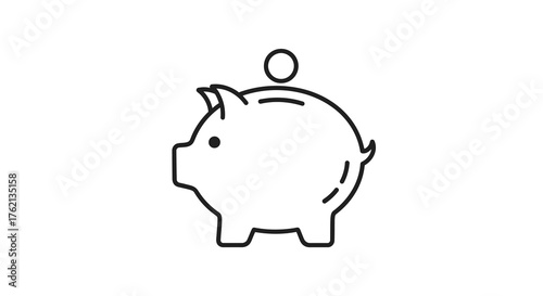 Simple Outline Piggy Bank with Coin Line Art Style Icon