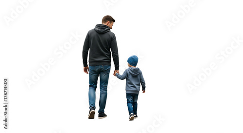 Father and son walking hand in hand wearing casual clothing child, isolated on a white or transparent background, cutout, PNG
