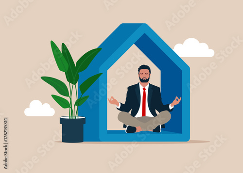 Full length mindful businessman making mudra gesture, sitting in lotus position at home. Peaceful millennial girl deeply meditating, doing breathing yoga exercises alone. Training and courses. Vector