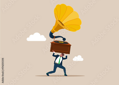 Businessman carrying huge gramophone. Vector flat illustration 