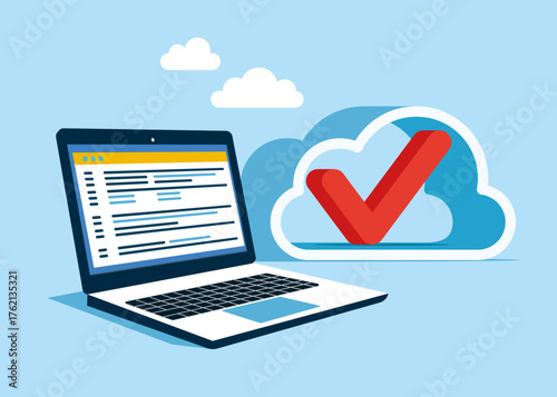Red check mark in the cloud  storage. Cloud programming with developer laptop. The data is securely protected. Server room in the shape of a cloud. Data in a database on cloud storage. 