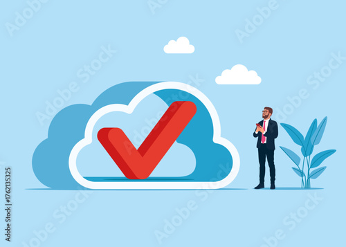 Red check mark in the cloud  storage. The data is securely protected. Server room in the shape of a cloud. Network, data, security, digital interface, connection, processing and communication. 