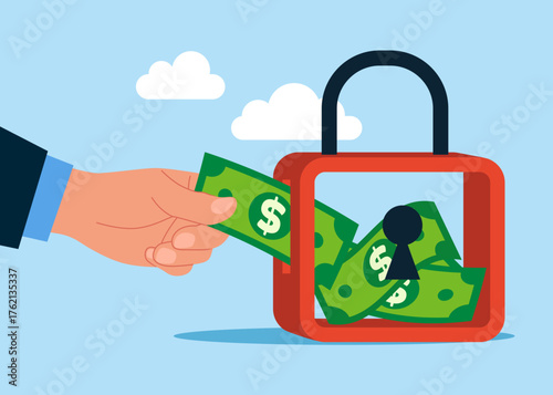 Hand putting dollar money a lock. Locked with padlock inside dollar paper bills. Payment protection. Secure payment. Vector flat illustration