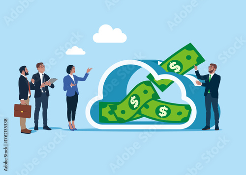 Business people investing dollar paper bills in cloud storage. Server room in the shape of a cloud. Data in a database on cloud storage. Vector flat illustration