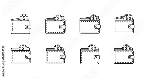 Minimalist Outline Wallet with Coin Line Art Icon Collection